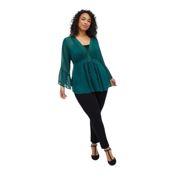 Torrid Crochet Detail Lace-Up Blouse Botanical Garden Chiffon Lurex Babydoll Top - Picture 1 of 10
